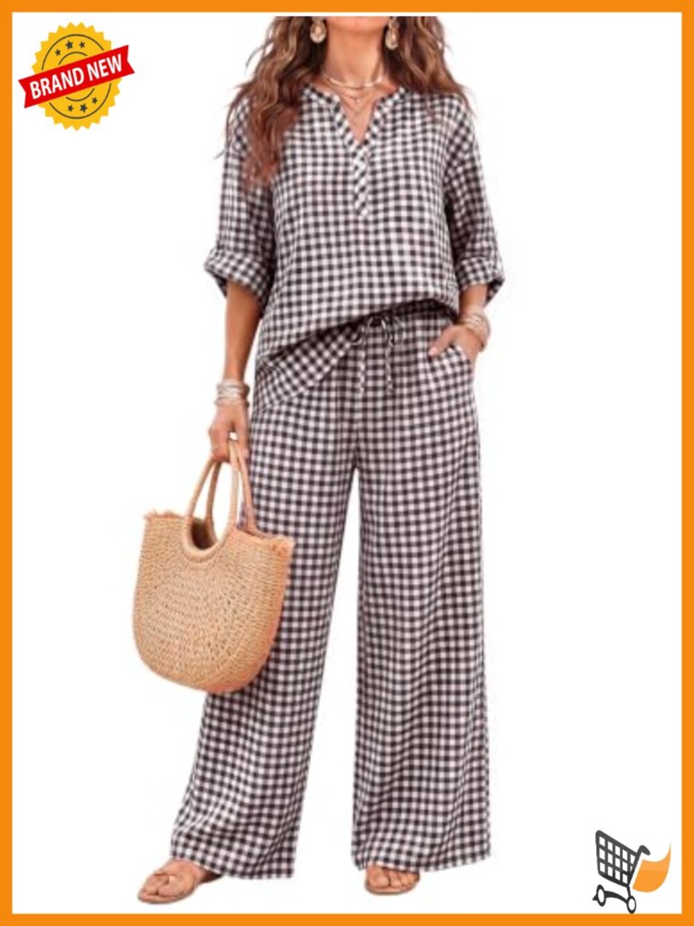 Womens 2 Piece Outfit Cotton Blend V-Neck Top Wide Leg Pants Set Casual